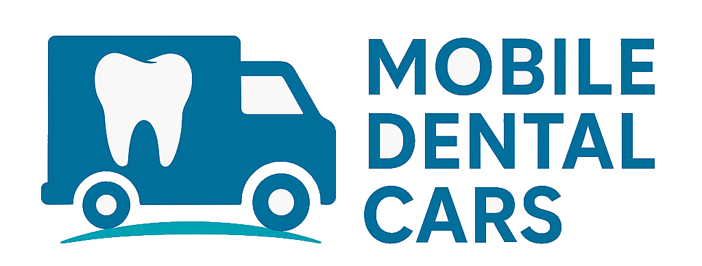 Logo Mobile Dental Cars: een tand op een bus met tekst Mobile Dental Cars